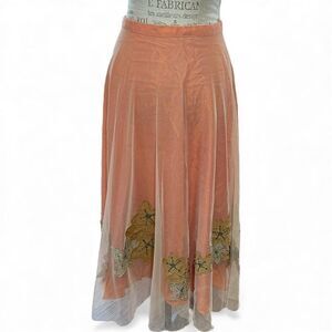 Citrine Midi Skirt Mesh Overlay Burlap-Like Leaf Applique Blue Beads Sequins 14
